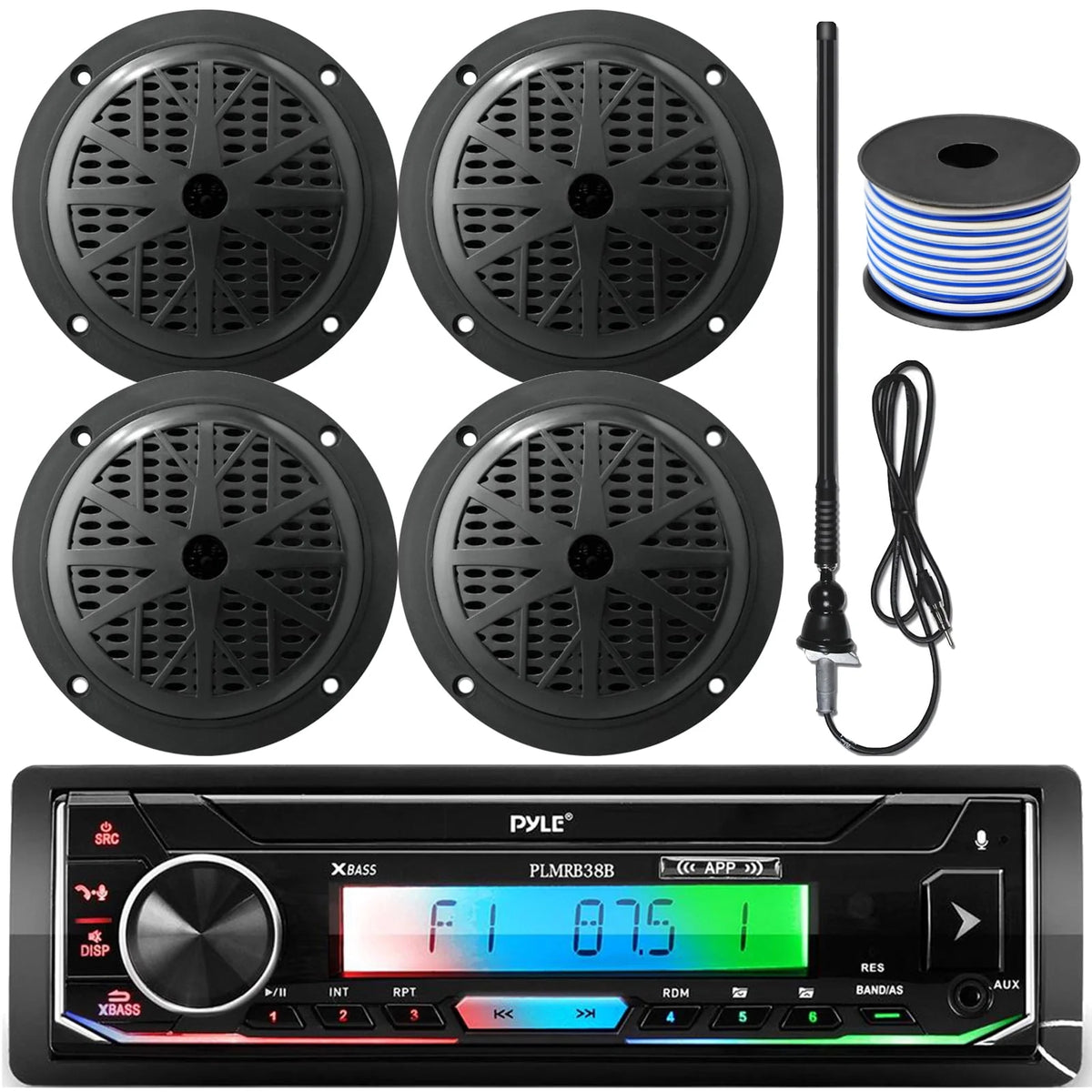 Single DIN Bluetooth Marine Stereo Receiver Bundle with 4x 5.25'' Waterproof Marine Speakers K2660
