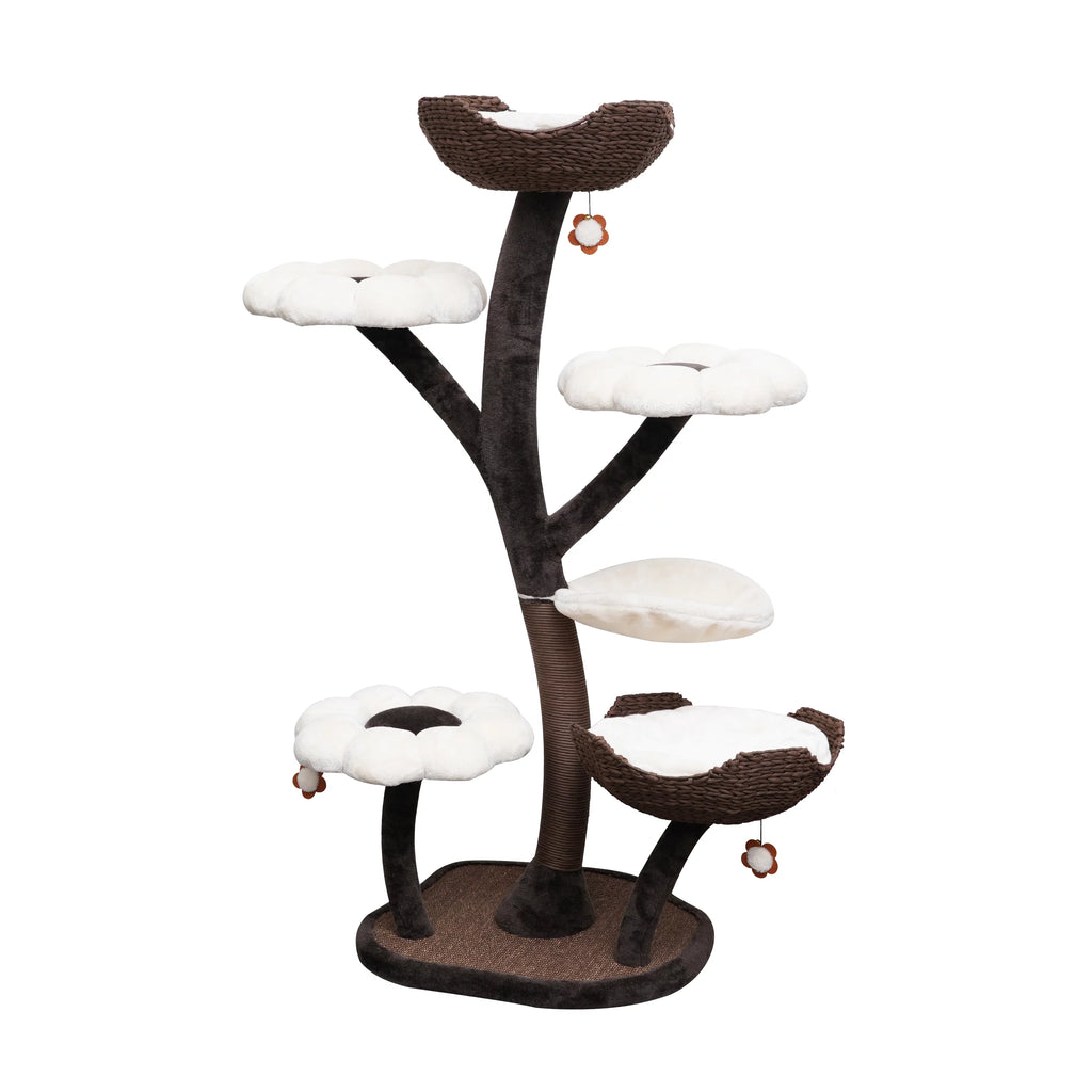Natural Blossom Flower Woven Tree Branches Large Cat Tree 6-Level Cat Tower with Hammock Foam-Padded Perches Basket Y5236