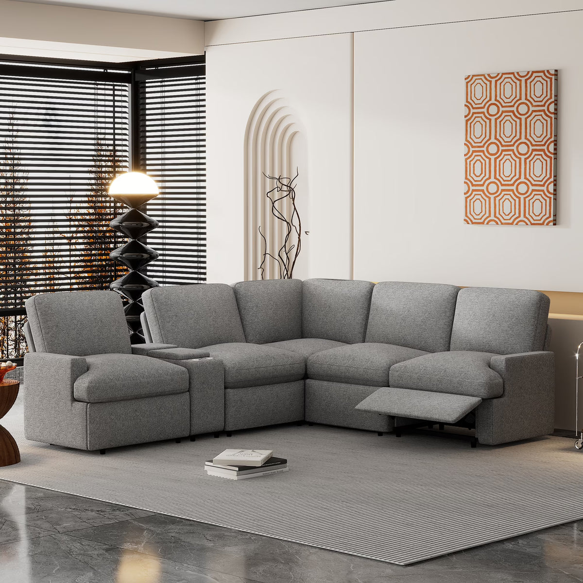 Grey Power Recliner Corner Sofa Sectional with Storage Box, Cup Holders, USB Ports and Power Socket Q59826