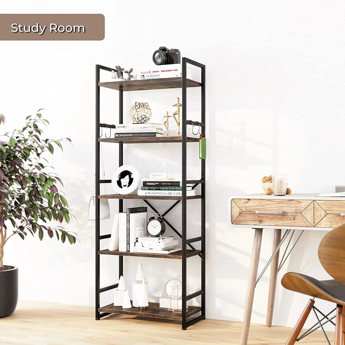 5 Tier Wood Bookcase with 4 Hooks T1472