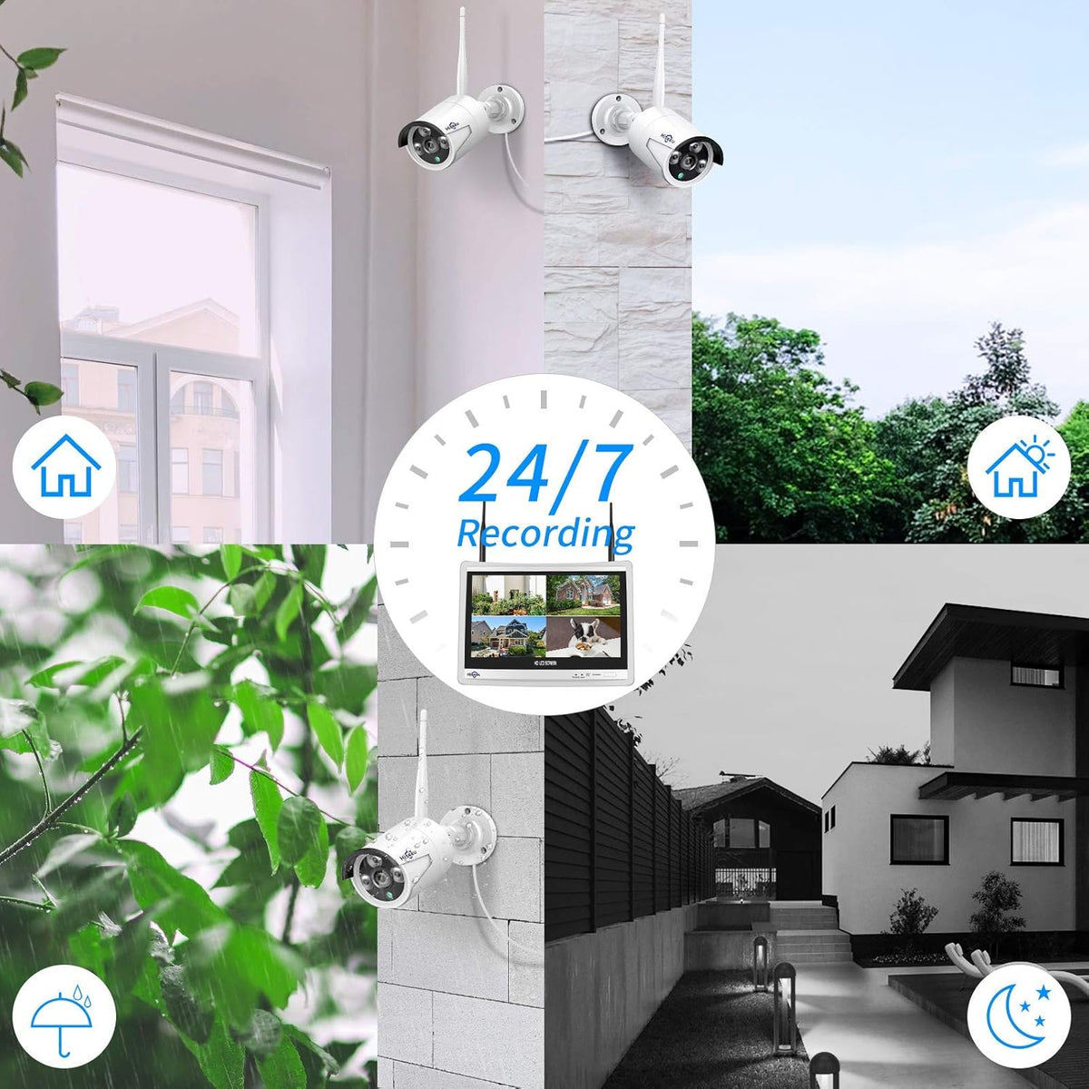 8CH 2K Wireless Security Camera System with 12 LCD Monitor 3TB Hard Drive 4pcs 3MP Outdoor Bullet IP Cameras U57281
