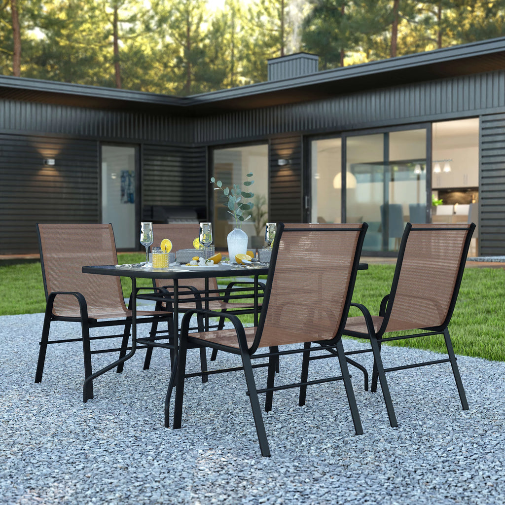 5 Piece Outdoor Patio Dining Set with Umbrella Hole, 4 Brown Stack Chairs I223
