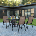 5 Piece Outdoor Patio Dining Set with Umbrella Hole, 4 Brown Stack Chairs I223