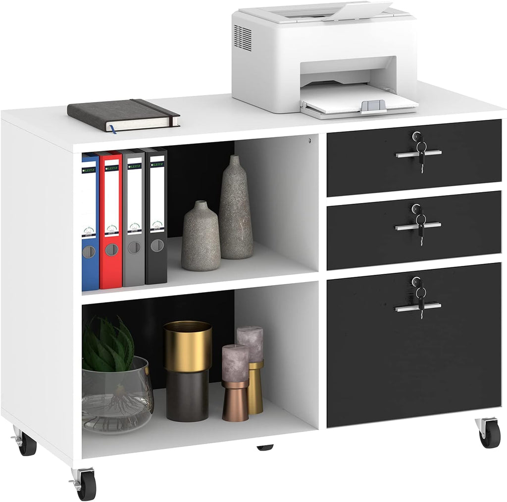 Grey 3 Drawer Mobile Lateral Filing Cabinet with 2 Open Shelves T726