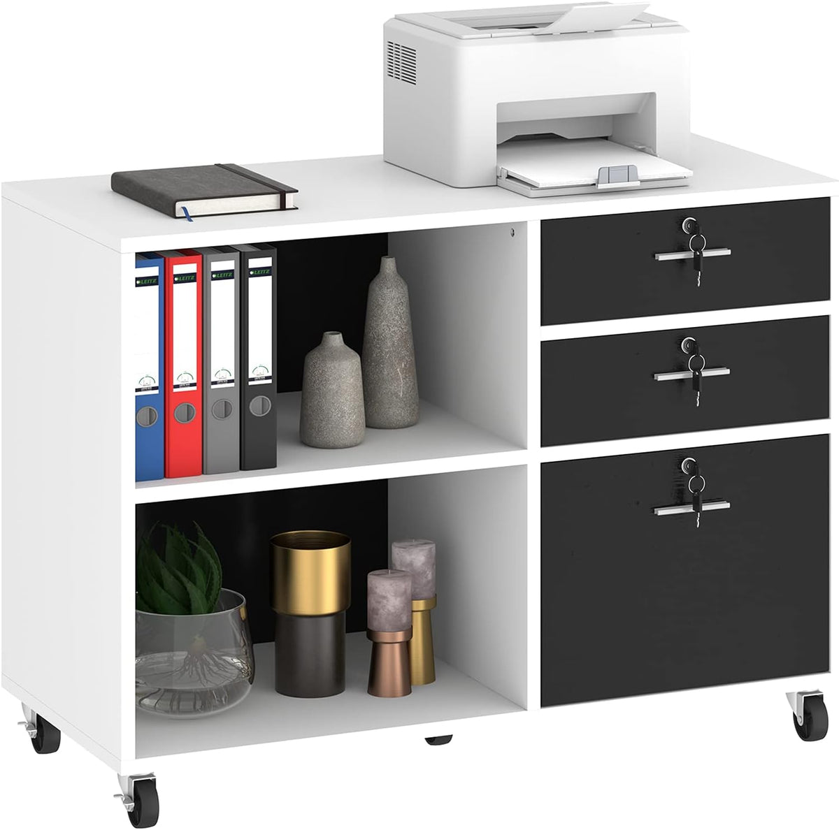 Grey 3 Drawer Mobile Lateral Filing Cabinet with 2 Open Shelves T726