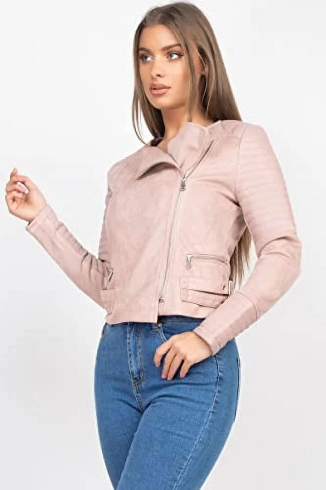 Quilted Sleeves Zip-Up Biker Jacket X6090