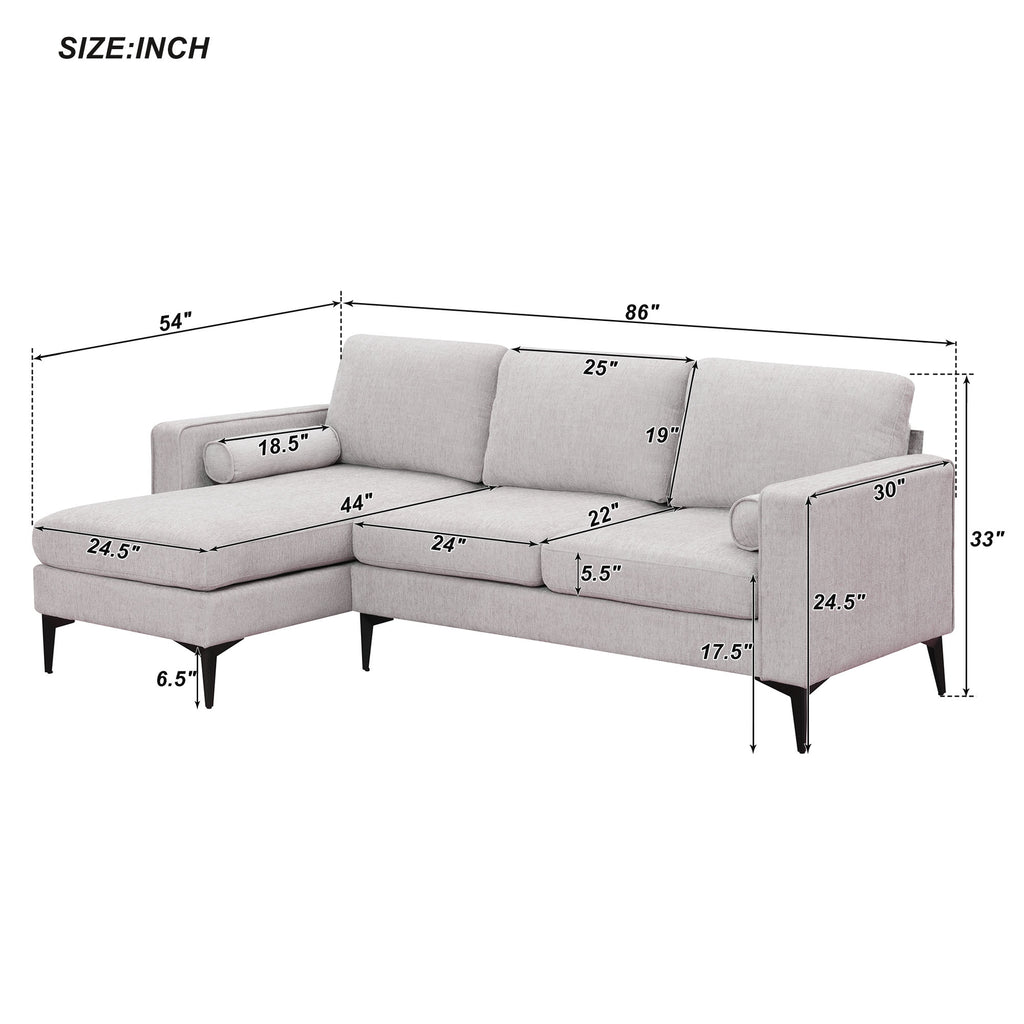 L-Shaped Sectional Sofa with Reversible Chaise, 3 Seater Chenille Fabric Modular Couch with Pillows Metal Legs X303613