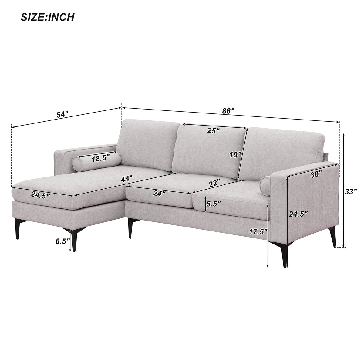 L-Shaped Sectional Sofa with Reversible Chaise, 3 Seater Chenille Fabric Modular Couch with Pillows Metal Legs X303613