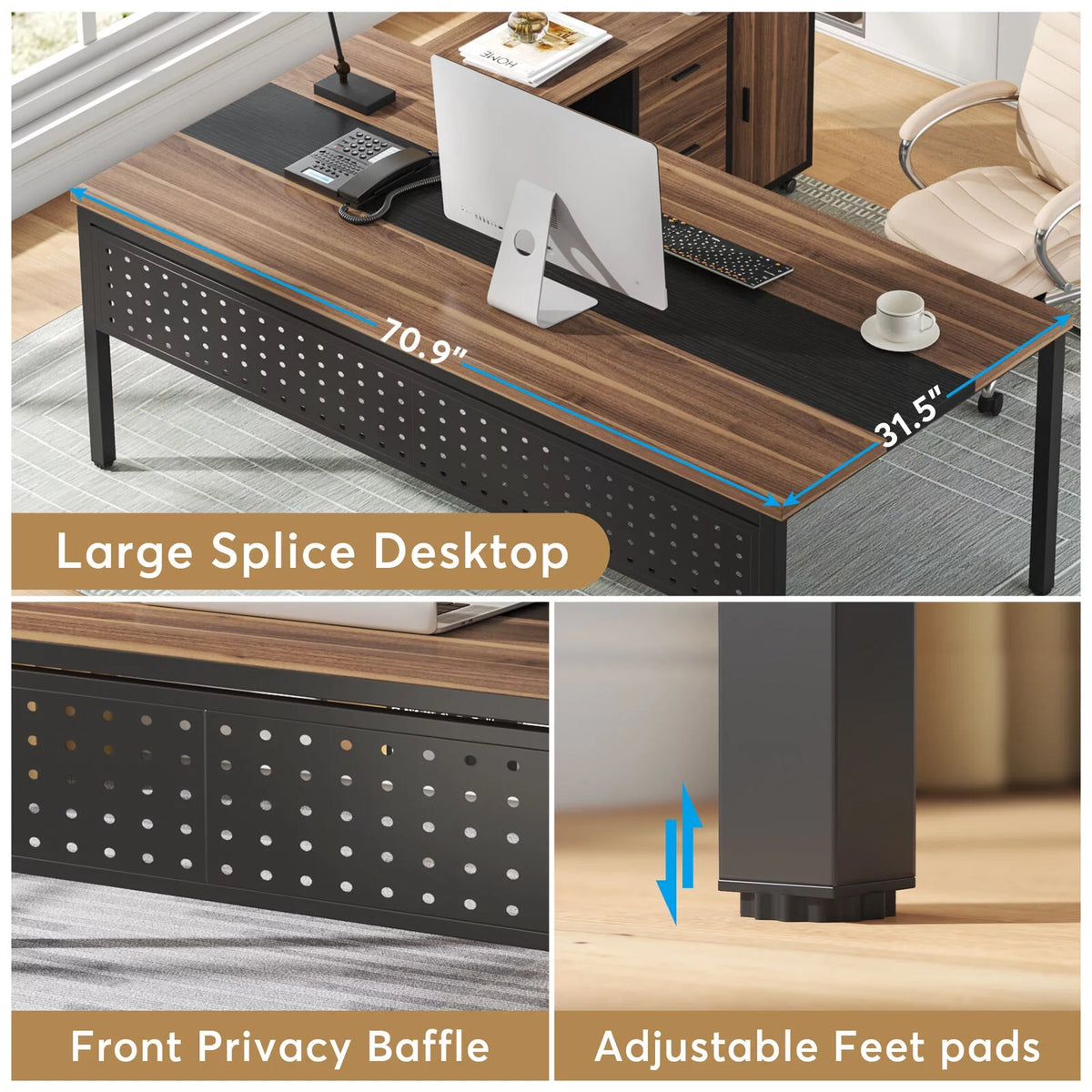 70.8" L Shaped Computer Desk with File Cabinet I4558