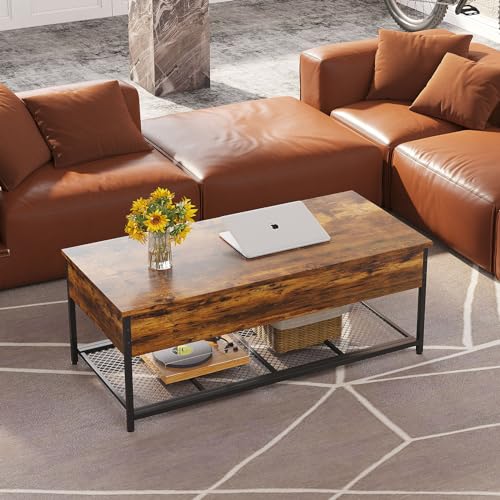 Rustic Brown Wooden Lift Top Coffee Table with Hidden Storage D70301