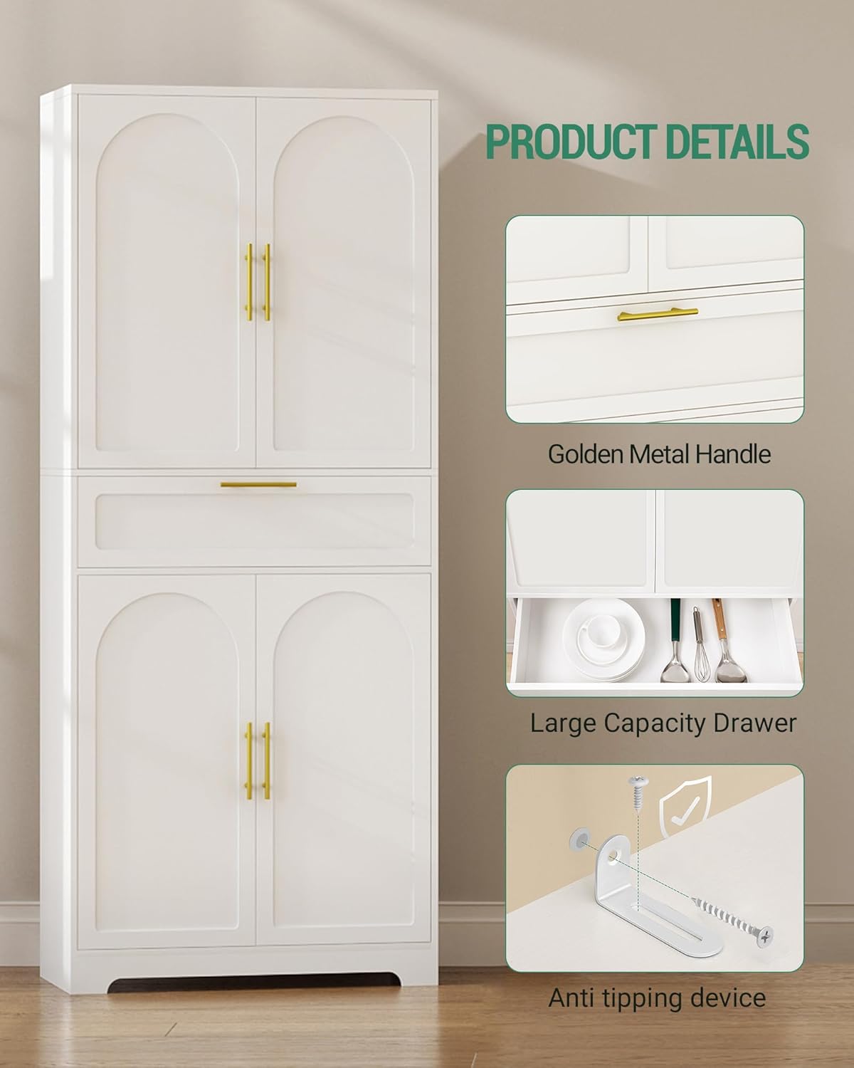 White Tall Kitchen Pantry Storage Cabinet with Adjustable Shelves, 1 Drawer, 4 Doors U827