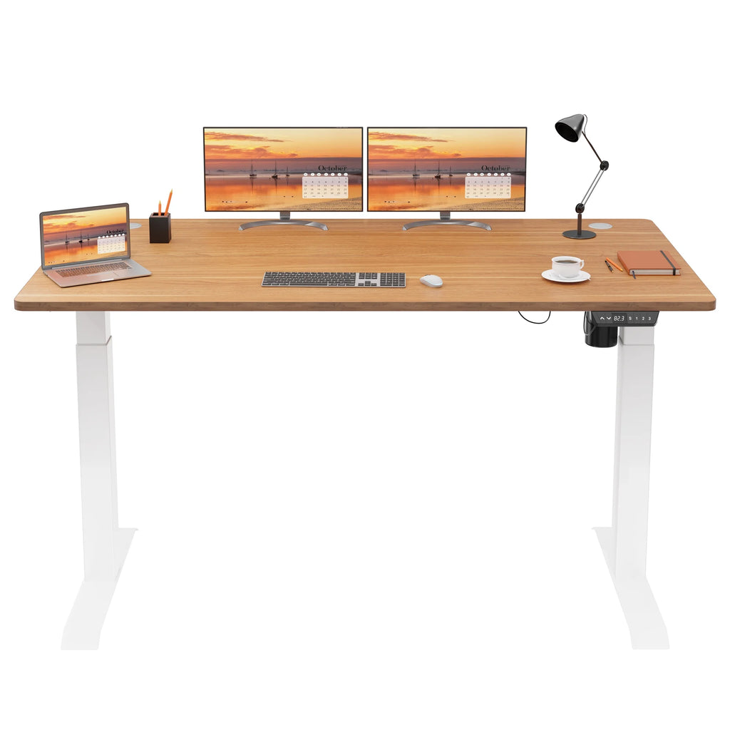 White Frame Maple Top Electric Height Adjustable Standing Desk D2613