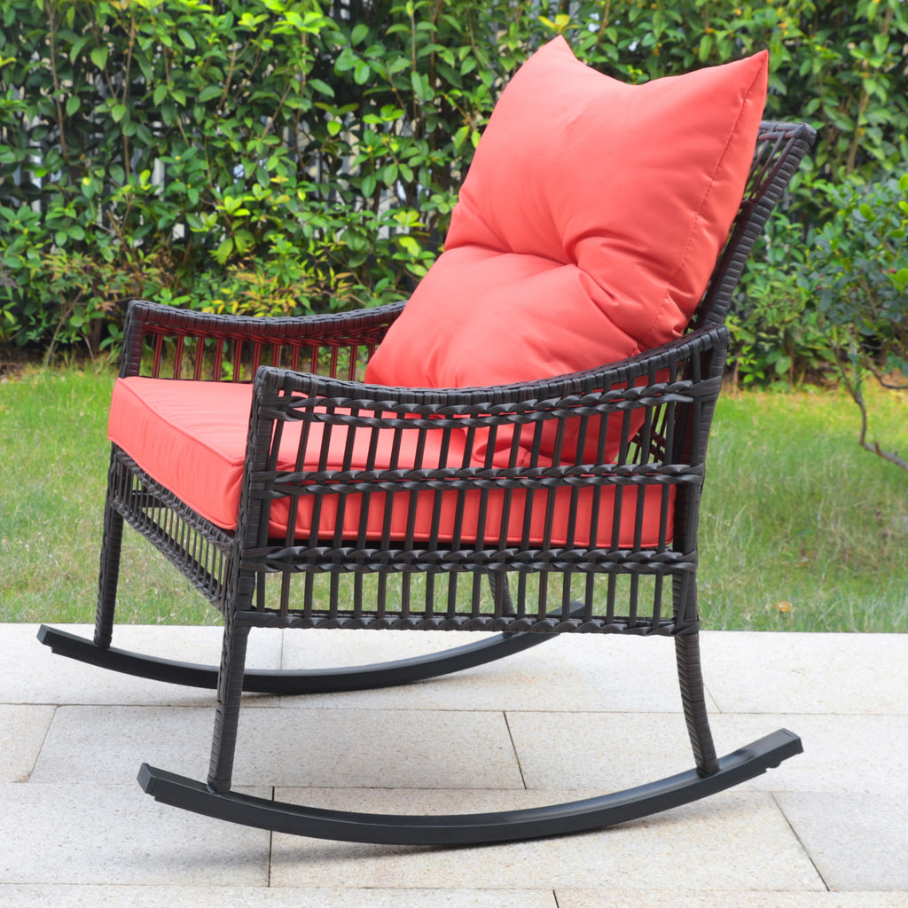 3-Piece Wicker Outdoor Rocking Chair Bistro Set with Table & Cushions N148710