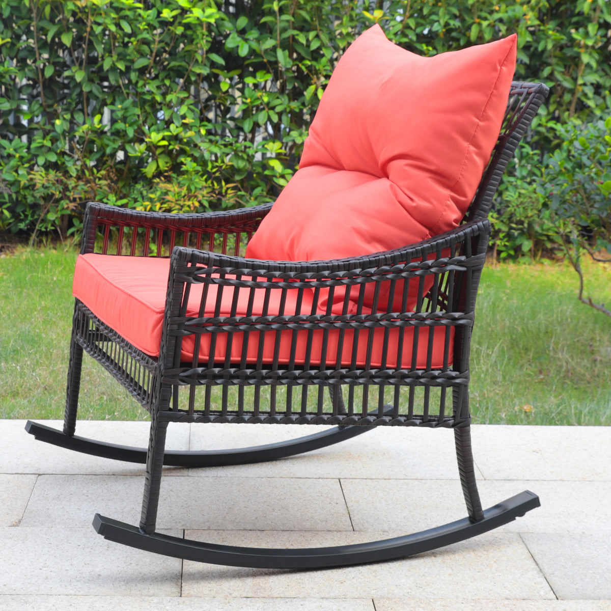 3-Piece Wicker Outdoor Rocking Chair Bistro Set with Table & Cushions N148710