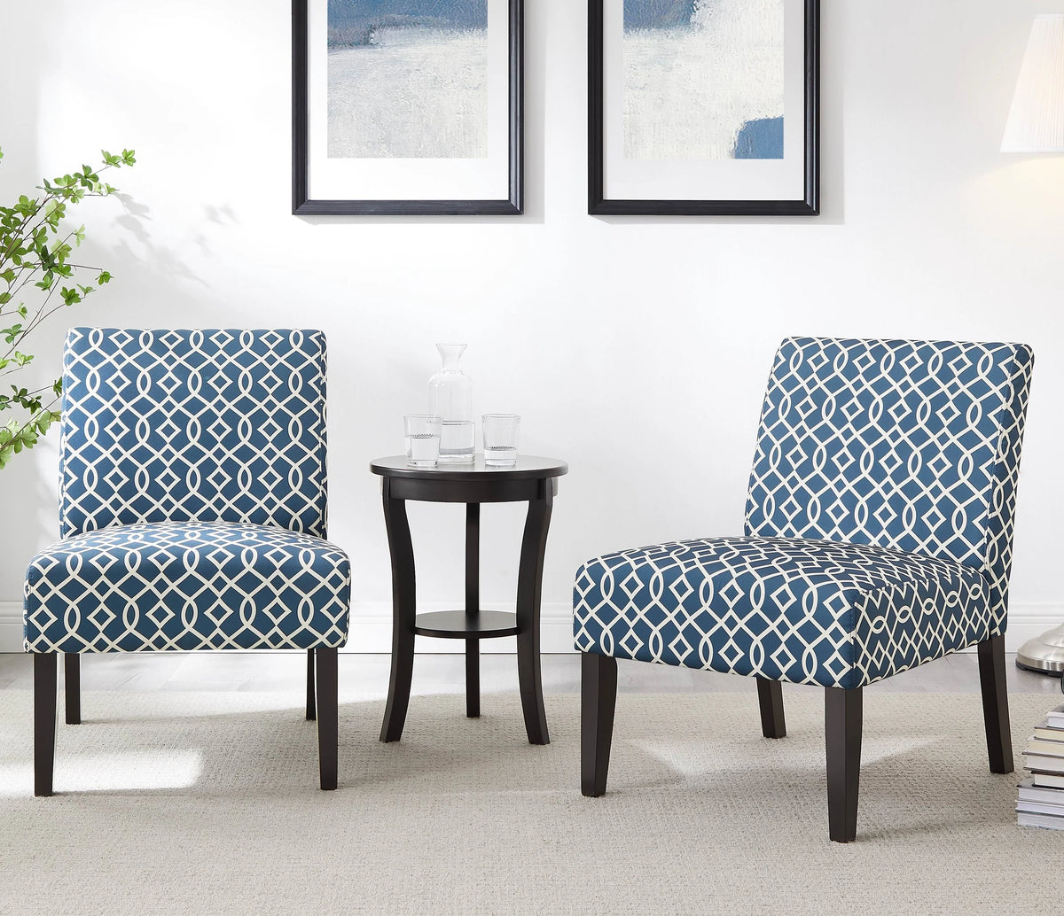 3pc Blue Fabric Upholstered Side Table and 2 Chairs A84778
