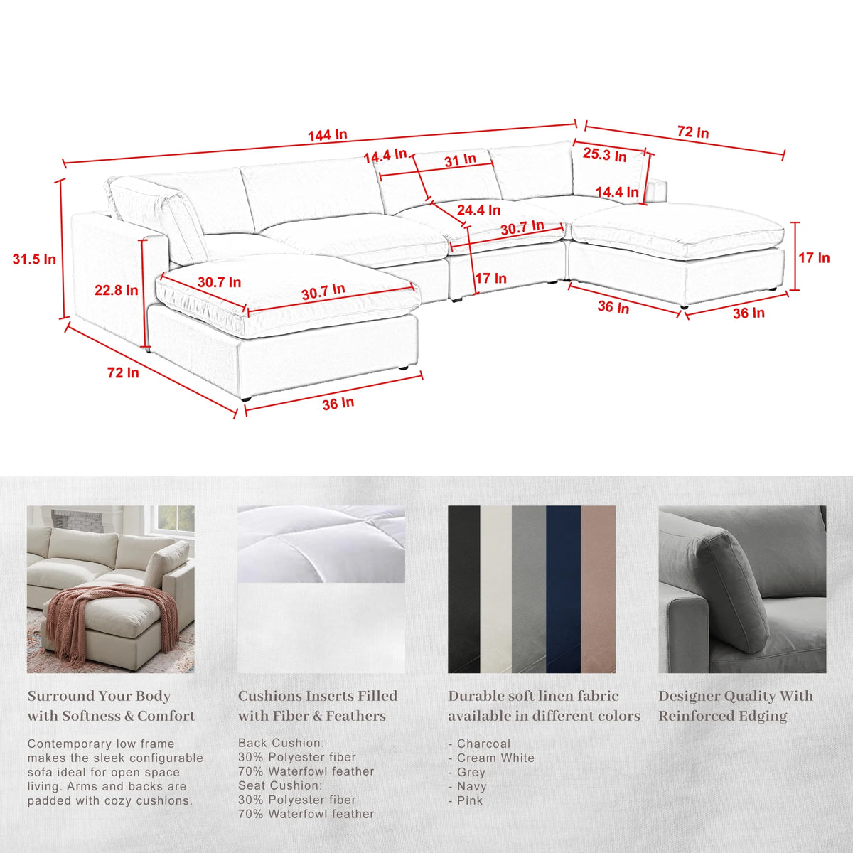 Charcoal Linen Sofa U-Chaise Sectional L2971