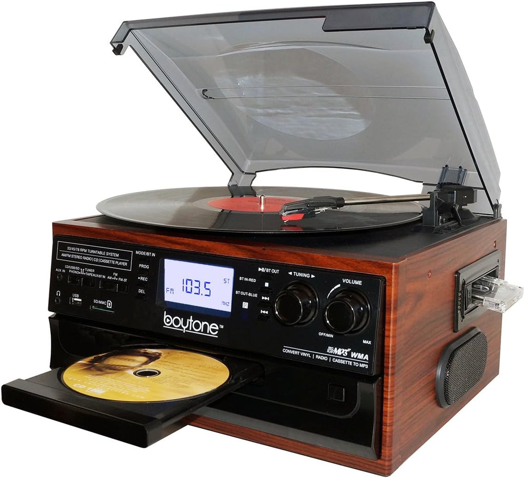 Bluetooth Record Player Turntable with AM/FM Radio, Cassette, CD Player, 2 Built in Speaker, SD Slot, USB, AUX A5560