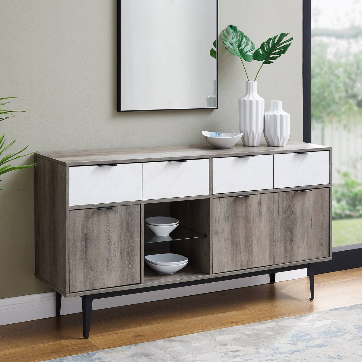 60x22 Asymmetrical 2 Drawer Sideboard Faux White Marble Gray Wash J789603