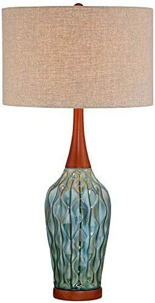 Mid Century Modern Table Lamp 30" Tall White Ceramic Wooden Neck Fabric Drum Shade S124