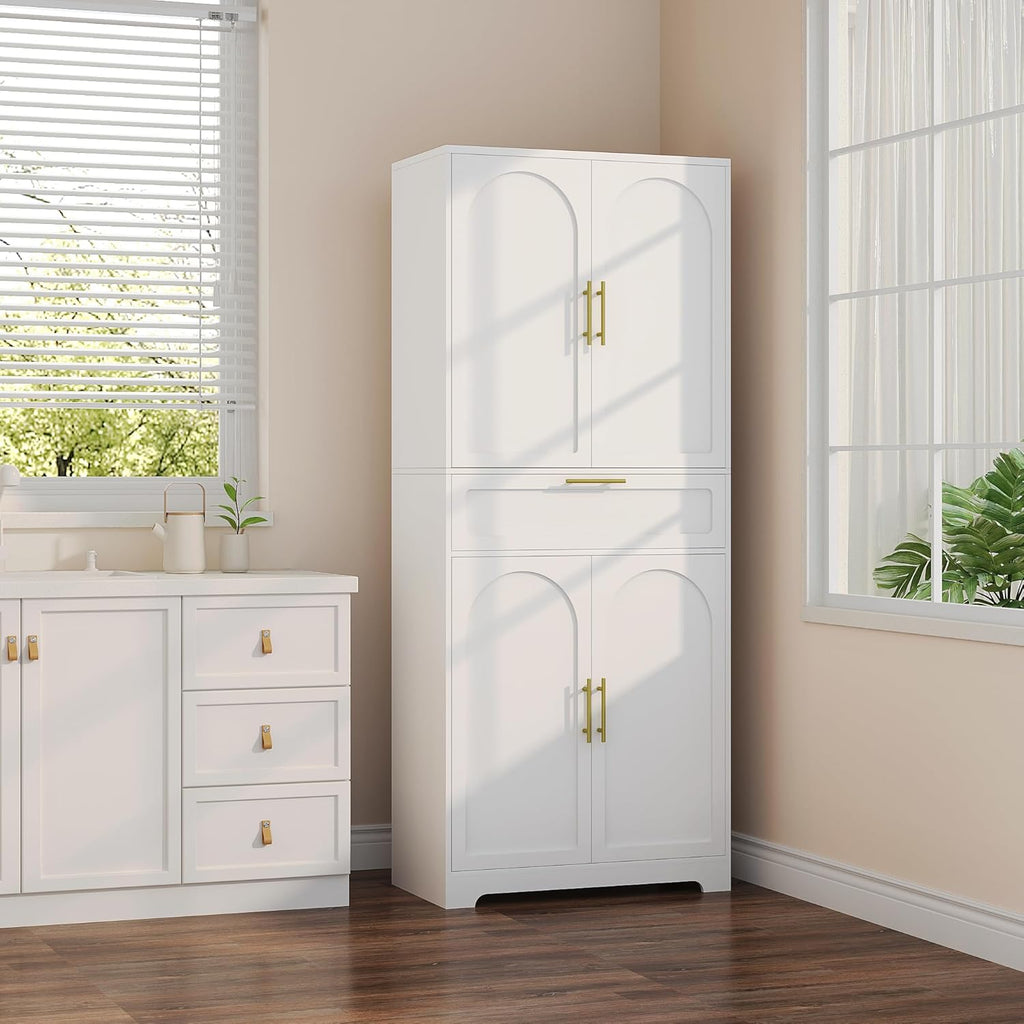 White Tall Kitchen Pantry Storage Cabinet with Adjustable Shelves, 1 Drawer, 4 Doors U827