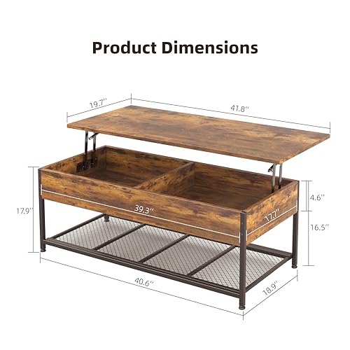 Rustic Brown Wooden Lift Top Coffee Table with Hidden Storage D70301