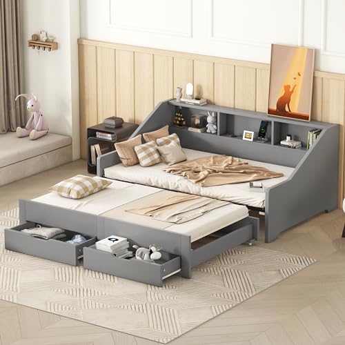White Wood Twin to King Daybed with Trundle and Storage B2643