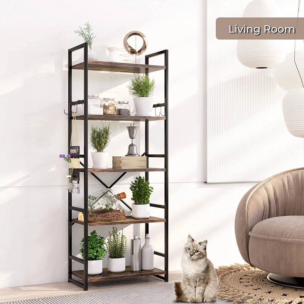 5 Tier Wood Bookcase with 4 Hooks T1472