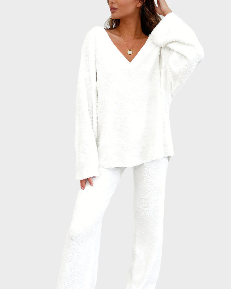 Soft Fuzzy V-Neck Loungewear Set P9155