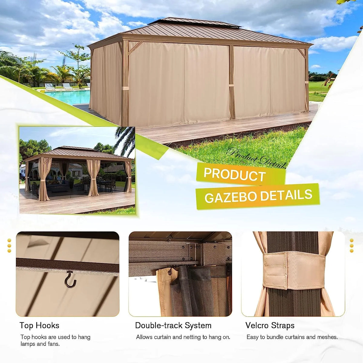 14' x 20' Hardtop Gazebo with Curtains and Nettings V948585