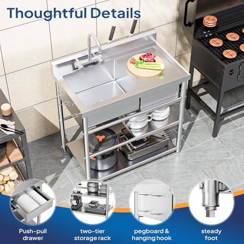 Stainless Steel Freestanding Utility Sink with Workbench Drawer W282429