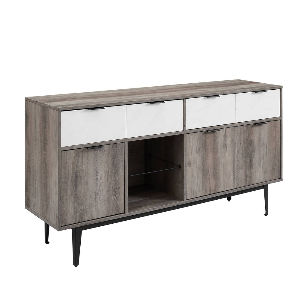 60x22 Asymmetrical 2 Drawer Sideboard Faux White Marble Gray Wash J789603