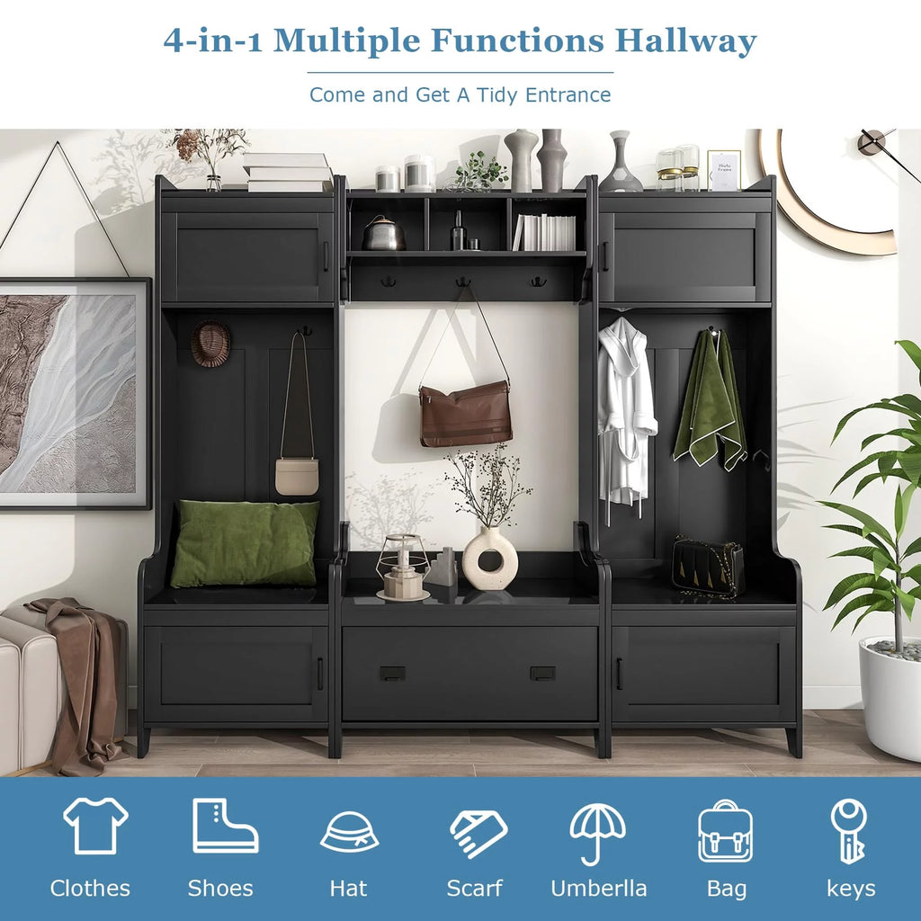 Black Hall Tree with Bench and Shoe Storage V1101