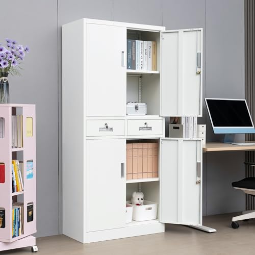 White Metal Locking Storage Cabinet with Adjustable Shelves and One Drawer S317262
