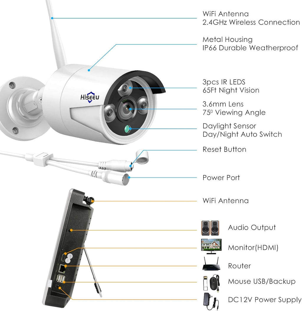 8CH 2K Wireless Security Camera System with 12 LCD Monitor 3TB Hard Drive 4pcs 3MP Outdoor Bullet IP Cameras U57281