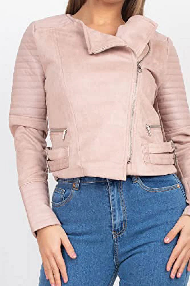Quilted Sleeves Zip-Up Biker Jacket X6090