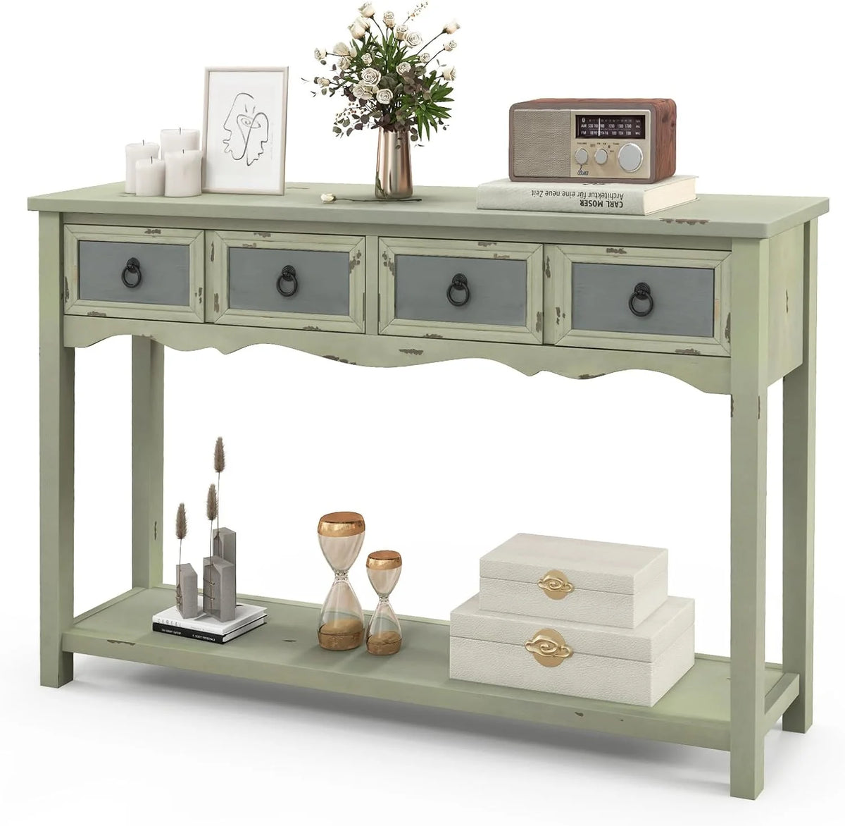 48” Antique Narrow Console Table with 4 Drawers and Open Shelf M335