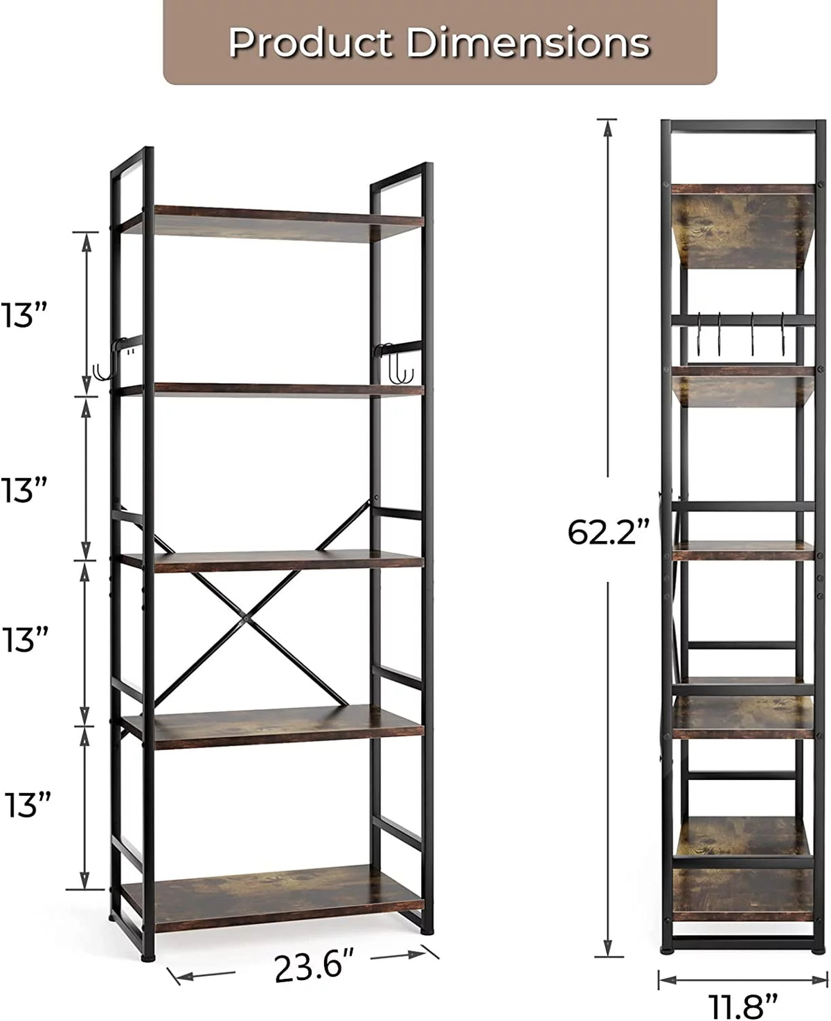 5 Tier Wood Bookcase with 4 Hooks T1472