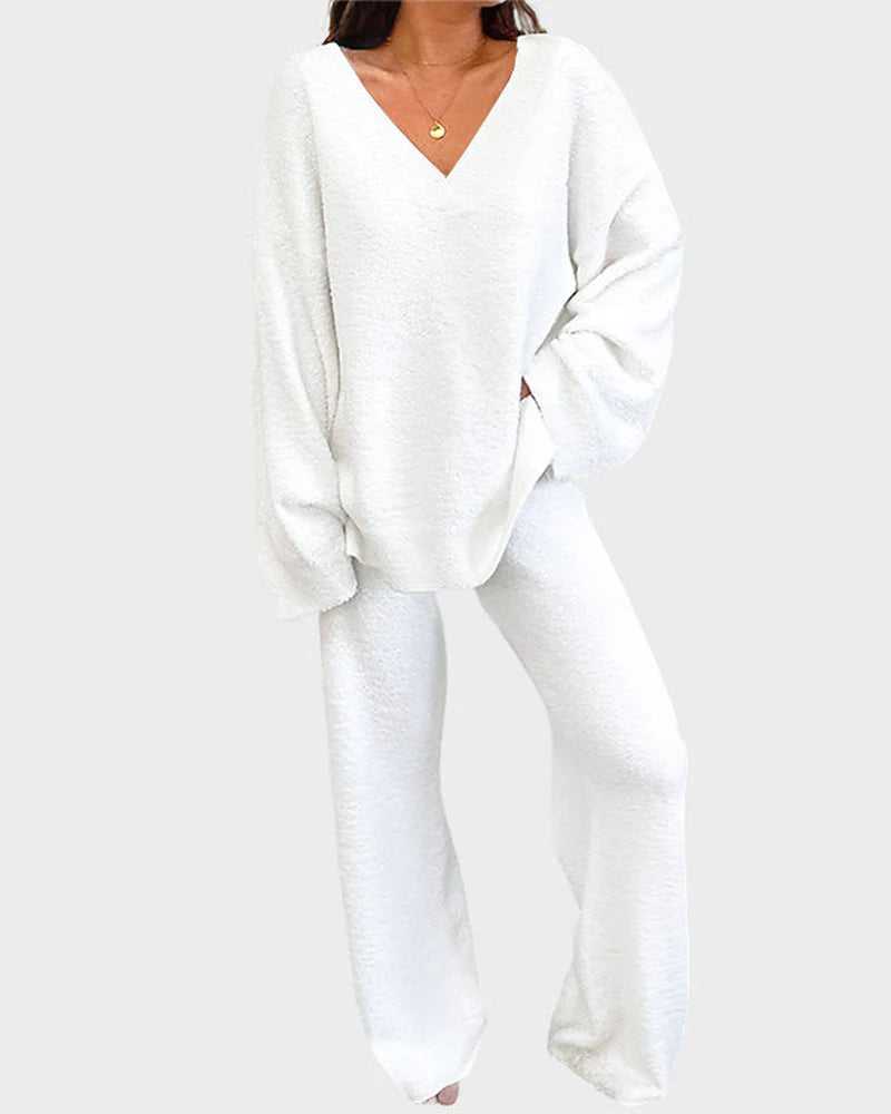Soft Fuzzy V-Neck Loungewear Set P9155