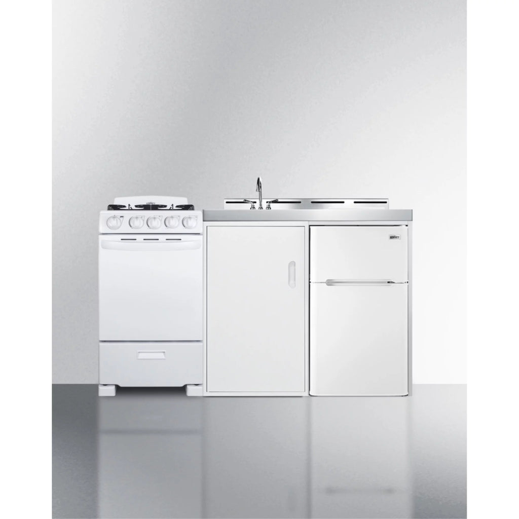 Combination Kitchenette with Refrigerator-Freezer, Sink, Storage Cabinet, and Gas Range U99424
