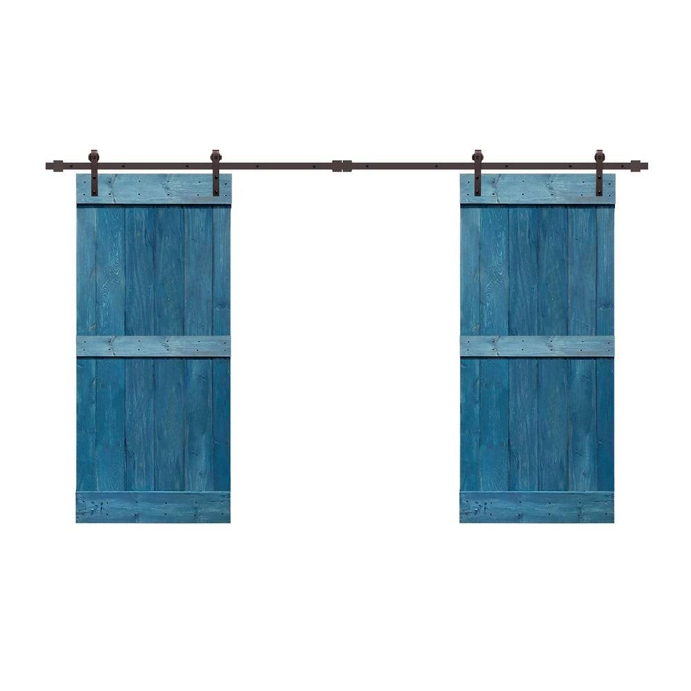 Sage Green Stained Solid Pine Wood Interior Double Sliding Barn Door with Hardware Kit W148531