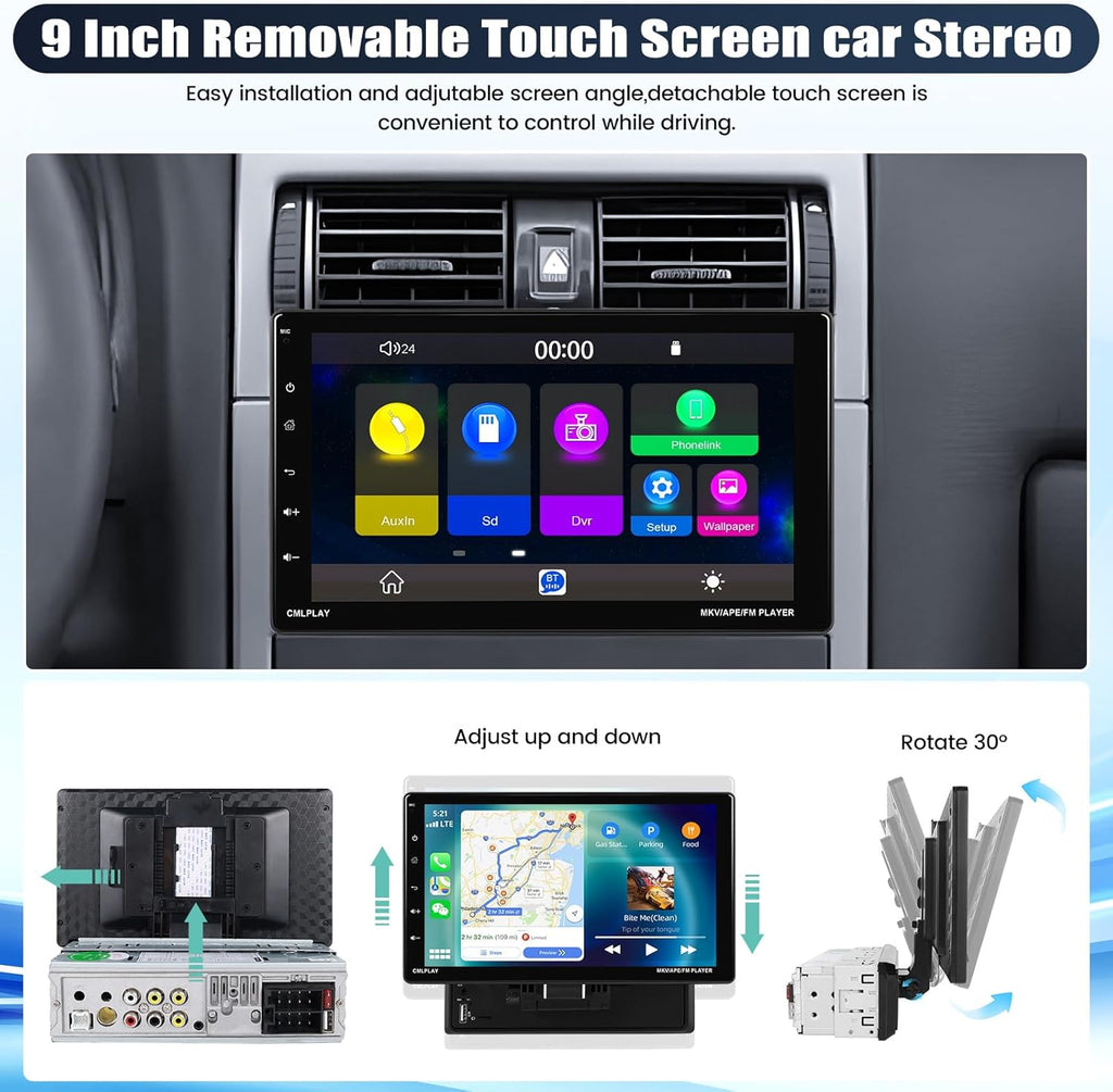 9 Inch Rotatable Touch Screen Single Din Car Stereo with Wireless Apple Carplay Android Auto Bluetooth Backup Camera N837398