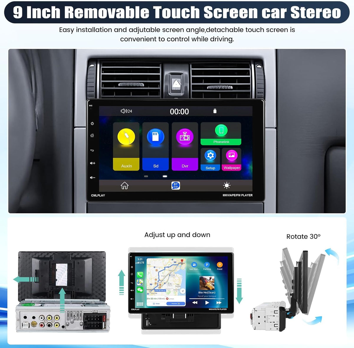 9 Inch Rotatable Touch Screen Single Din Car Stereo with Wireless Apple Carplay Android Auto Bluetooth Backup Camera N837398