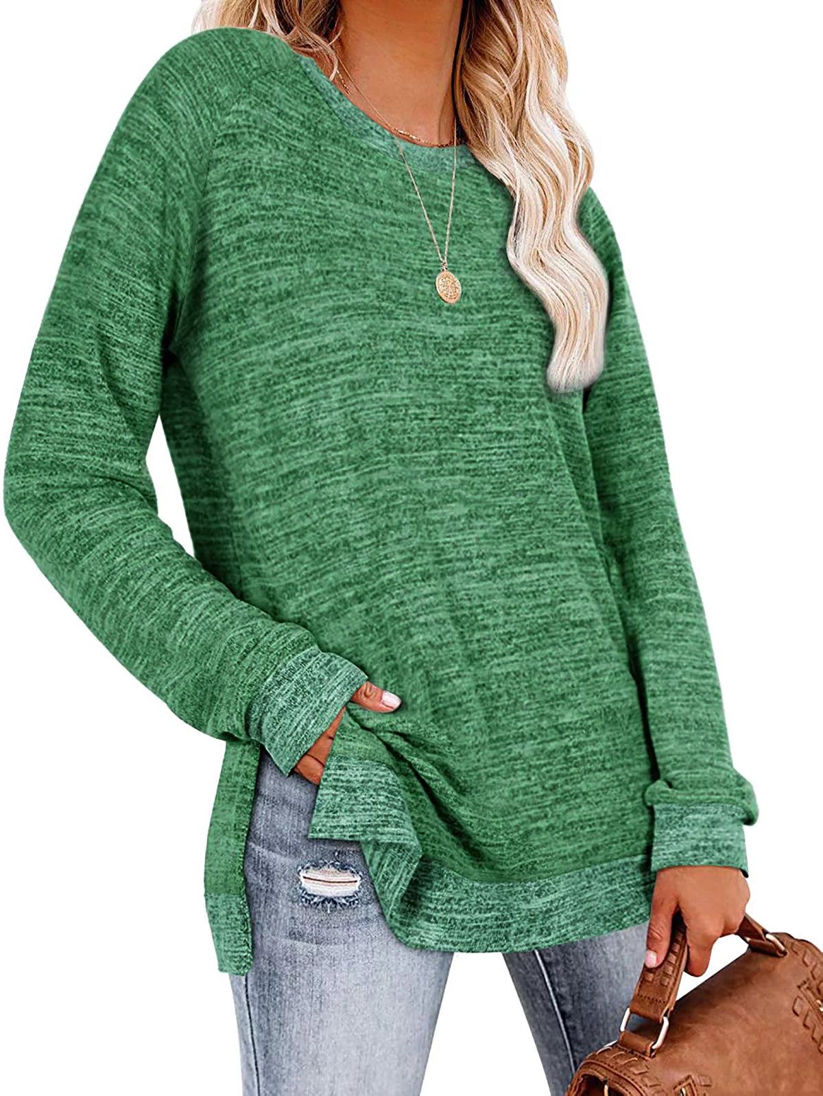 Green Long Sleeve Color Block Tunic Tops S313578