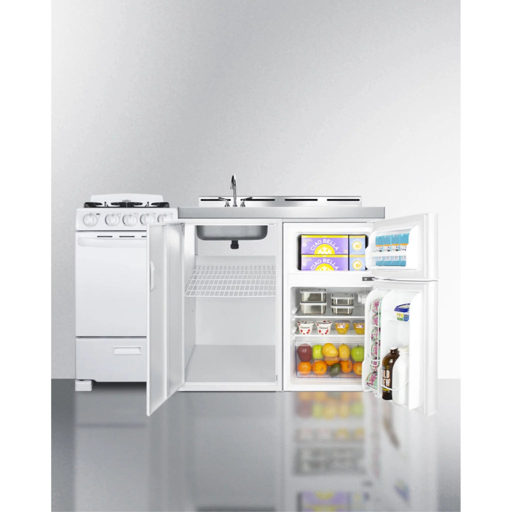 Combination Kitchenette with Refrigerator-Freezer, Sink, Storage Cabinet, and Gas Range U99424