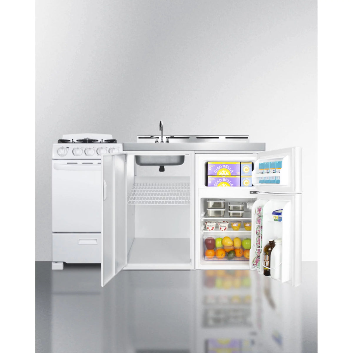 Combination Kitchenette with Refrigerator-Freezer, Sink, Storage Cabinet, and Gas Range U99424