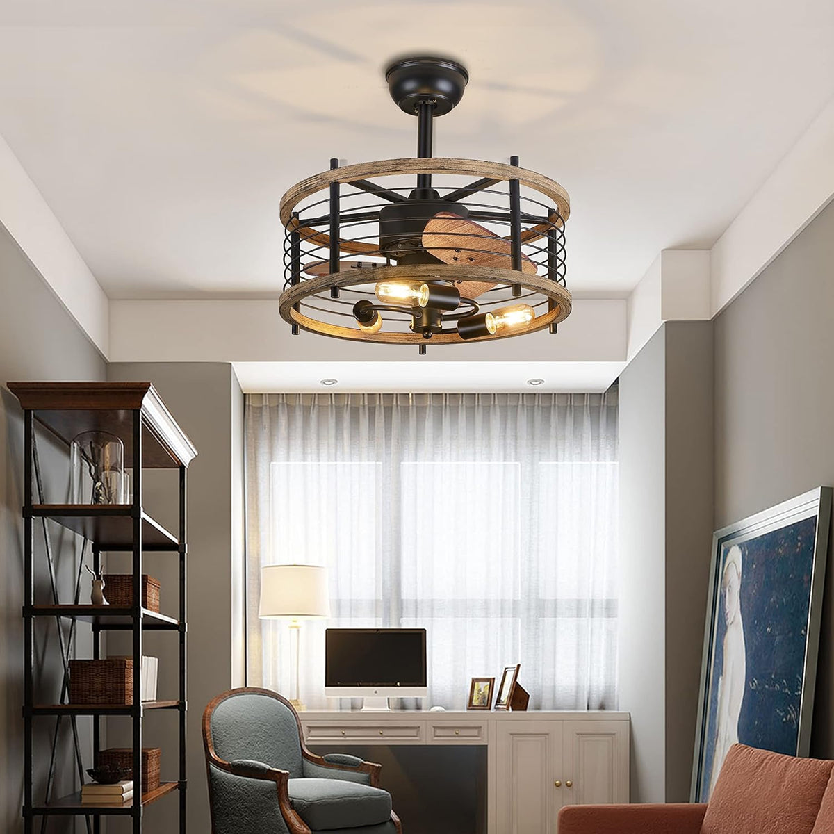 20-inch Caged Ceiling Fan with Light, Reversible, Remote, Bladeless E289