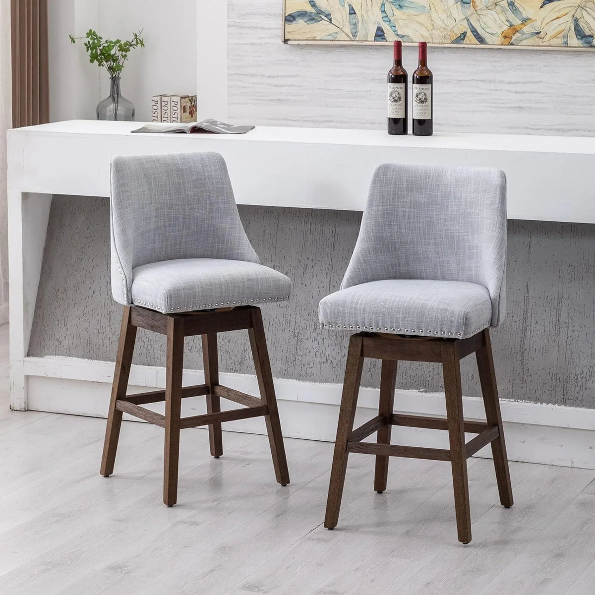 27 inch Swivel Linen Fabric Barstools with Wood Legs E31561