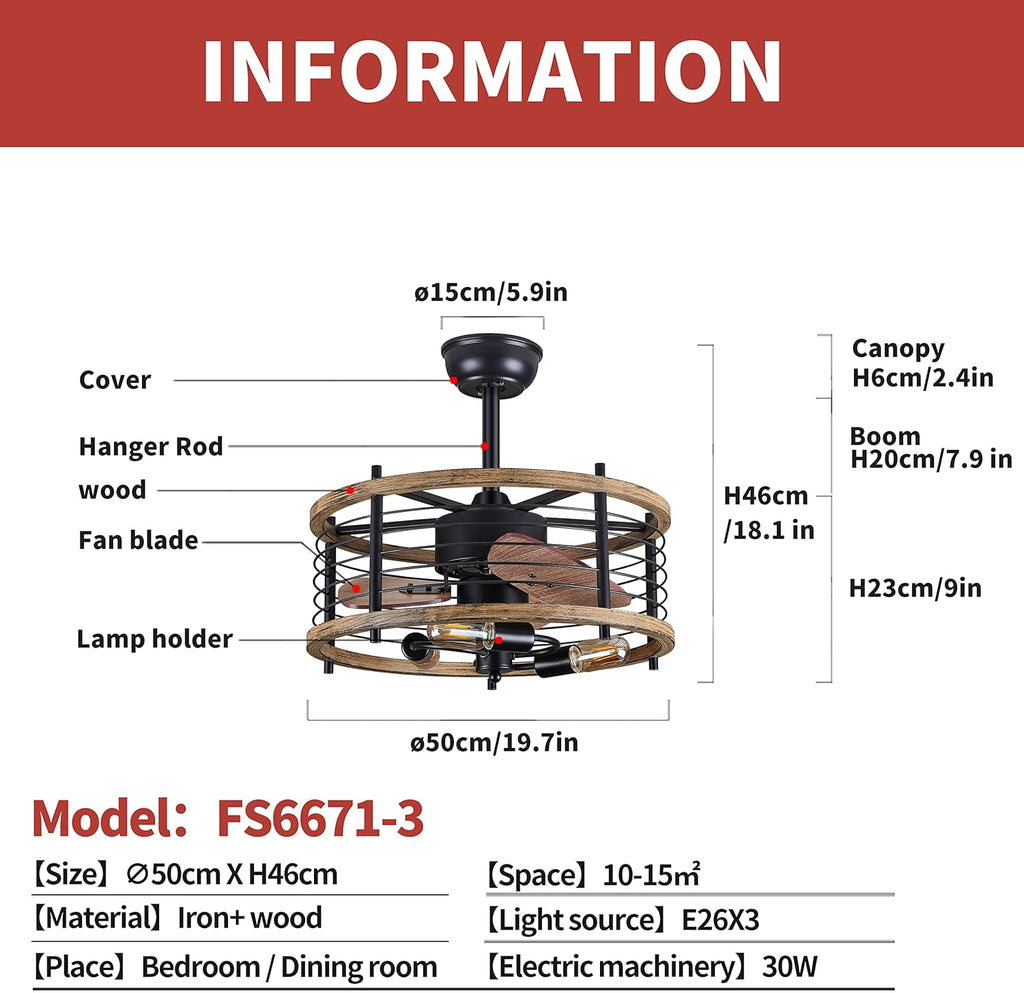 20-inch Caged Ceiling Fan with Light, Reversible, Remote, Bladeless E289