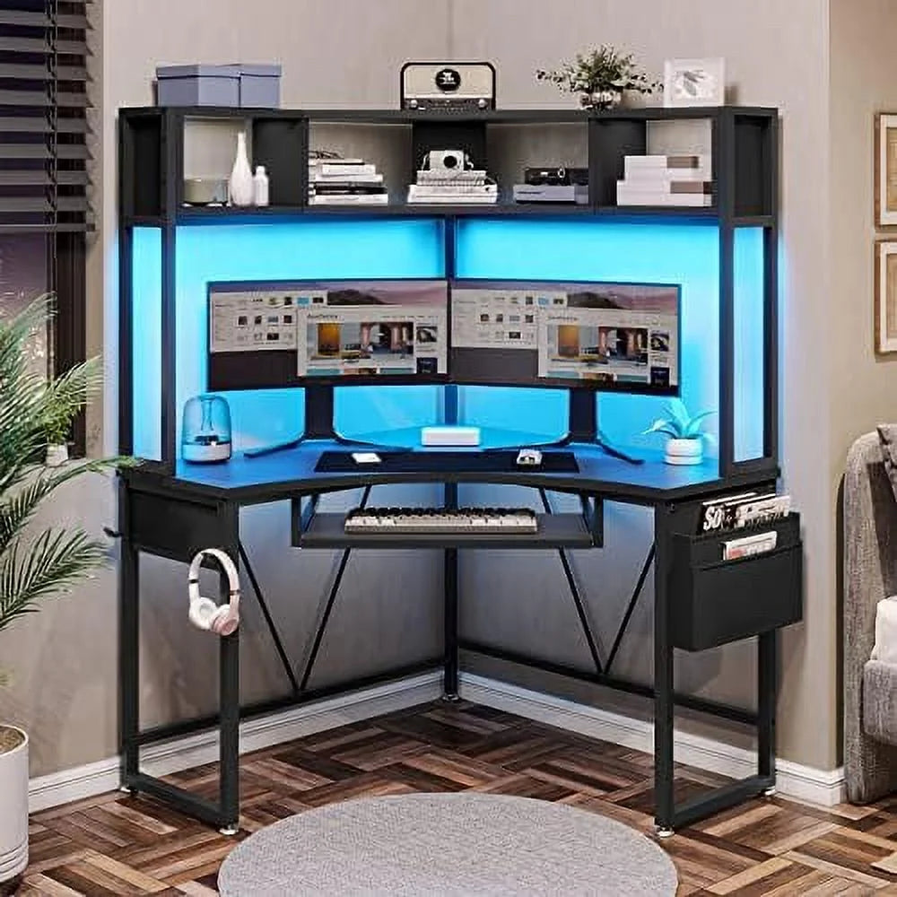 Rust Corner Desk with Hutch & LED Lights U3272