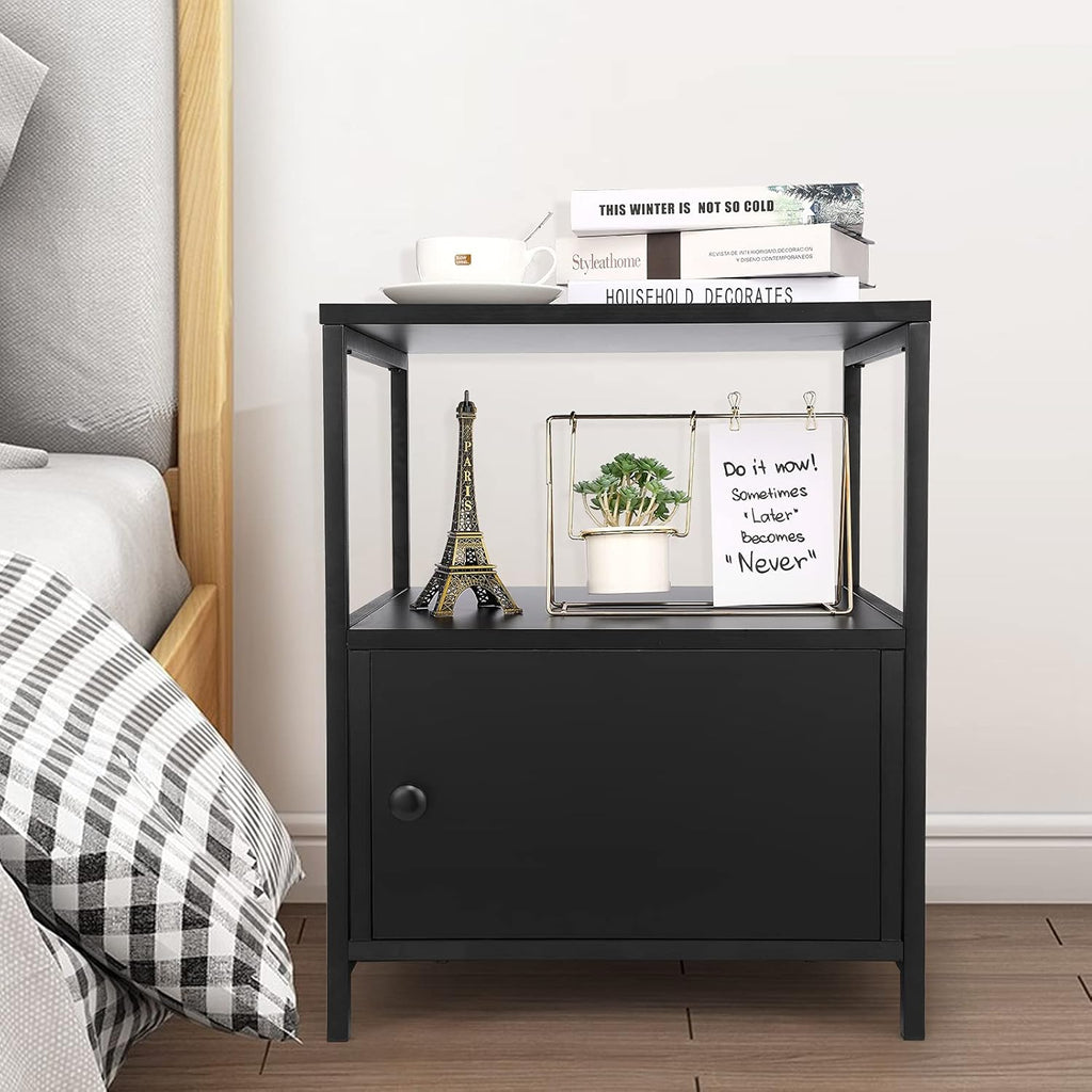 Black Wooden Nightstand with Storage Cabinet and Open Shelves G29837